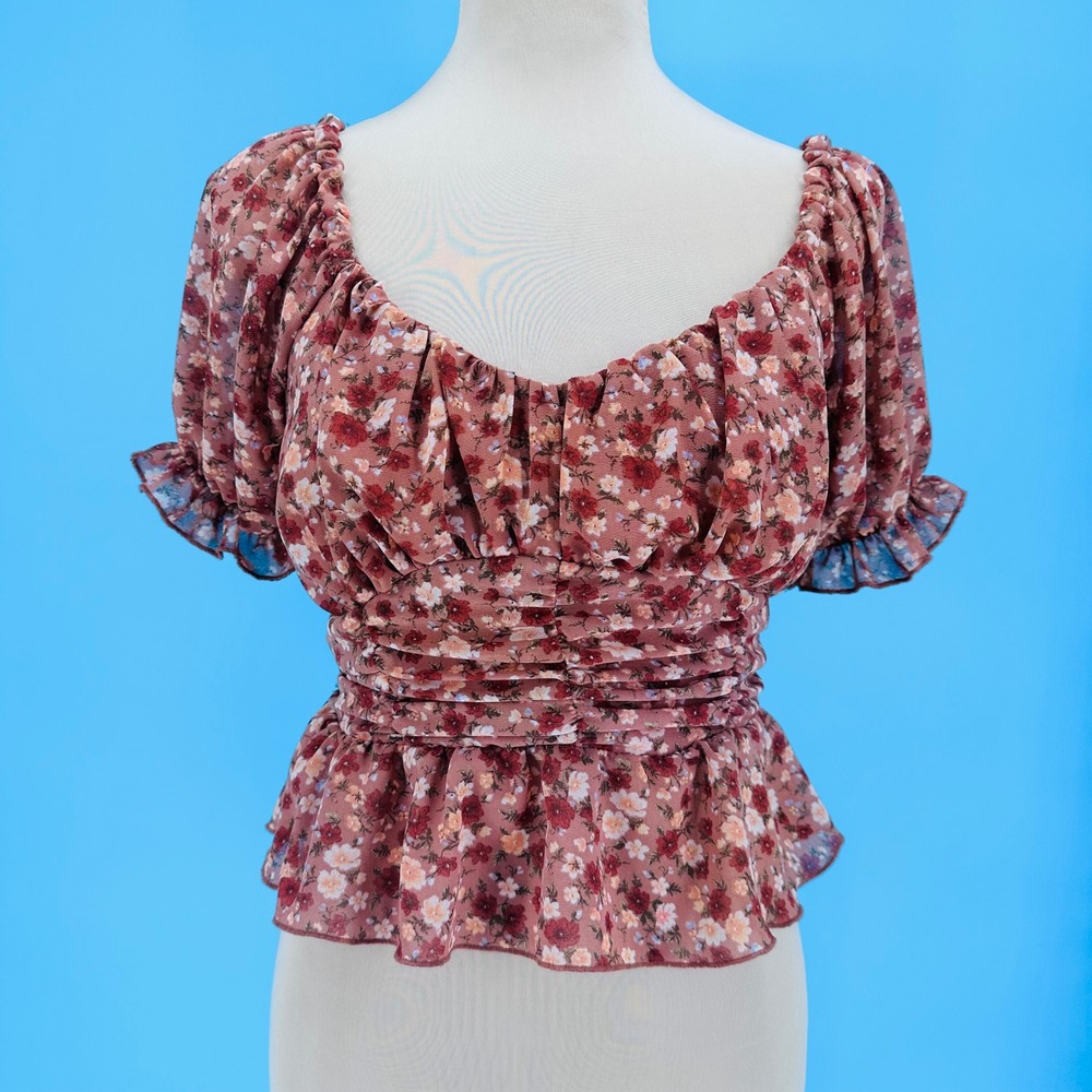 Evolutionary Floral Smocked Peplum Top Brown Pink Sweetheart Puff Sleeve‎ Medium